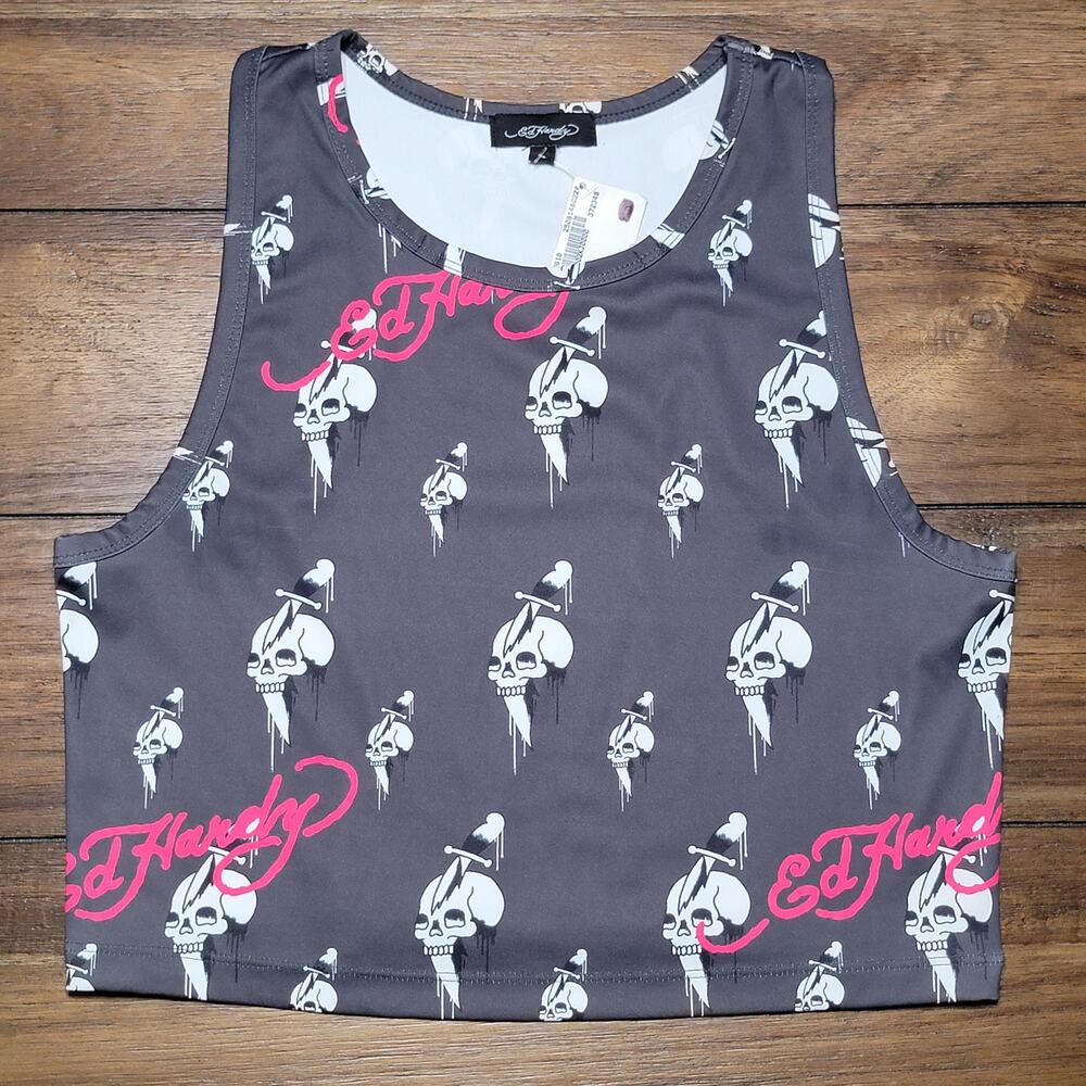 Ed Hardy Black Crop Tank Top w/ Skulls & Daggers - Size Junior Large NWT